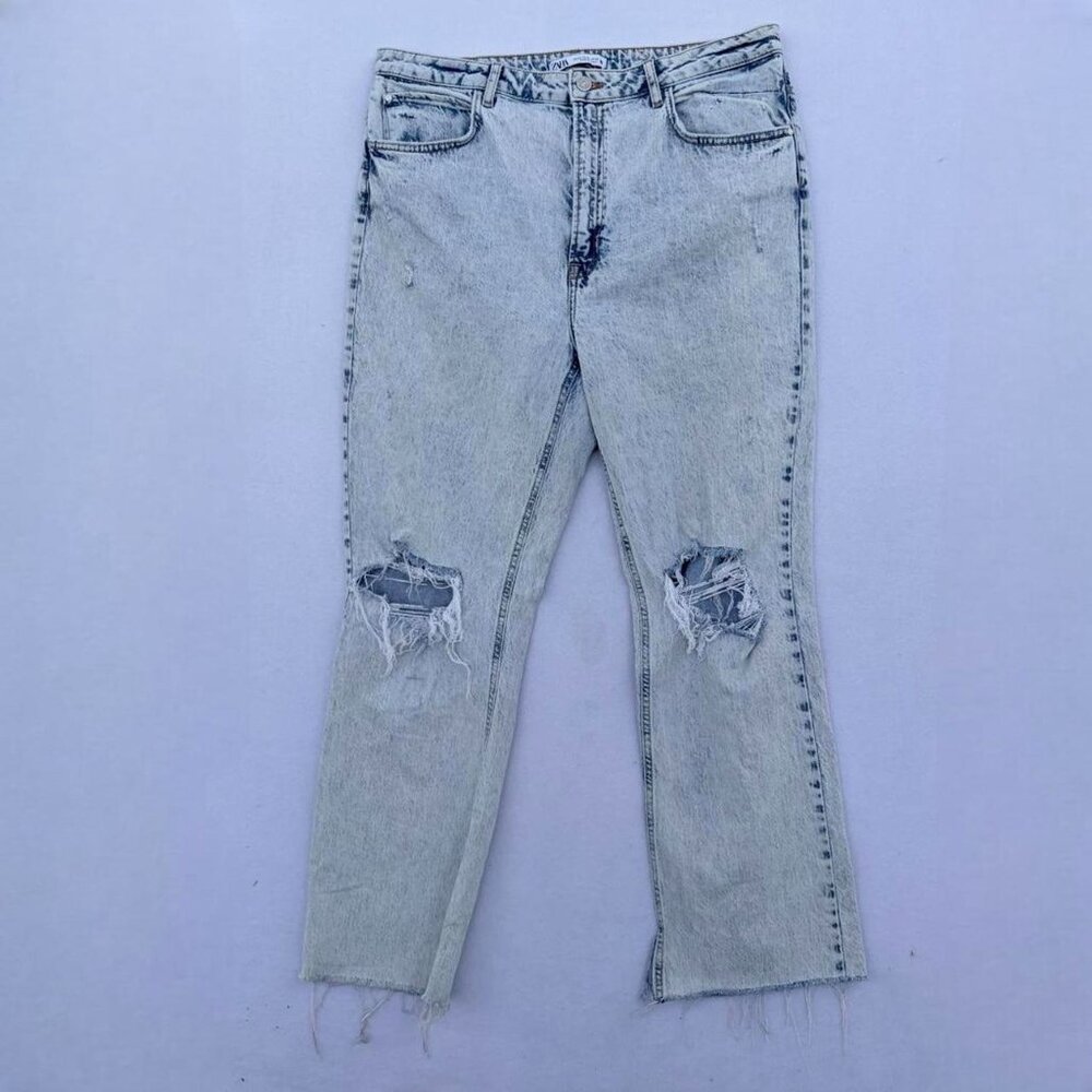 Zara Acid Wash Bleached Distressed Mid-Rise Ankle Cropped Denim Jeans Size 14